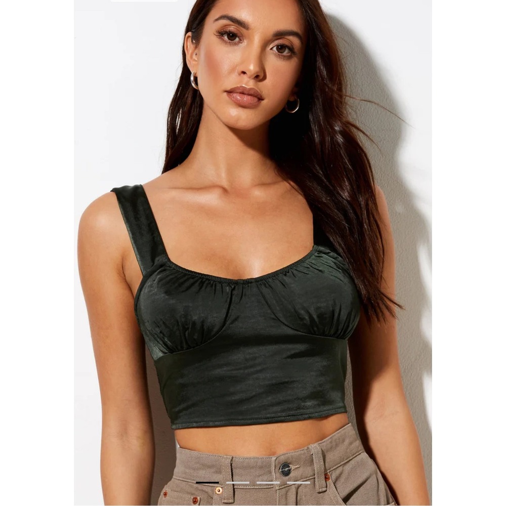 Motel Gladis Top Satin Dark Khaki Ruched Bustier Crop Tank Medium NWT‎